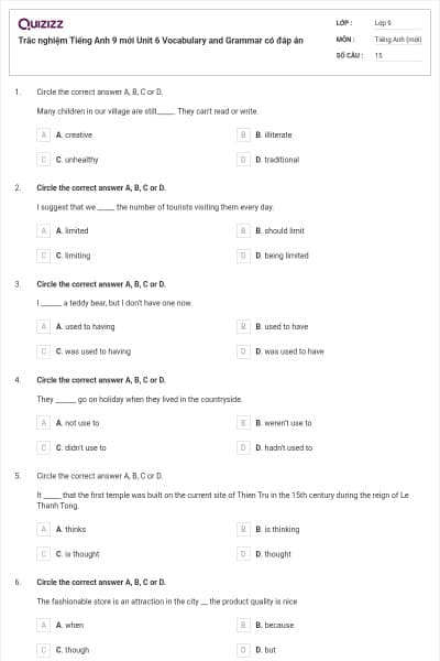 Trắc nghiệm Tiếng Anh 9 mới Unit 6 Vocabulary and Grammar có đáp án