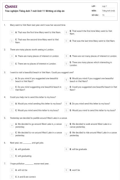 Trắc nghiệm Tiếng Anh 7 mới Unit 11 Writing có đáp án