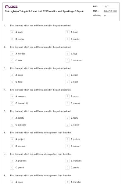 Trắc nghiệm Tiếng Anh 7 mới Unit 12 Phonetics and Speaking có đáp án