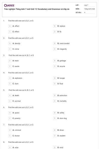 Trắc nghiệm Tiếng Anh 7 mới Unit 12 Vocabulary and Grammar có đáp án
