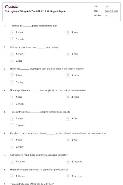 Trắc nghiệm Tiếng Anh 7 mới Unit 12 Writing có đáp án