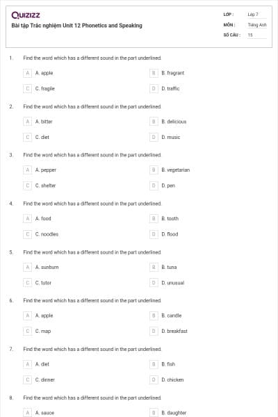 Bài tập Trắc nghiệm Unit 12 Phonetics and Speaking