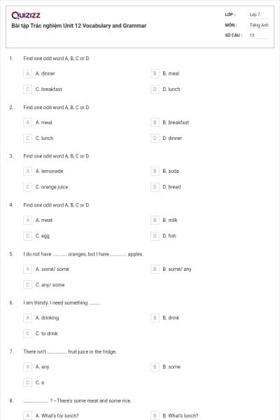 Bài tập Trắc nghiệm Unit 12 Vocabulary and Grammar