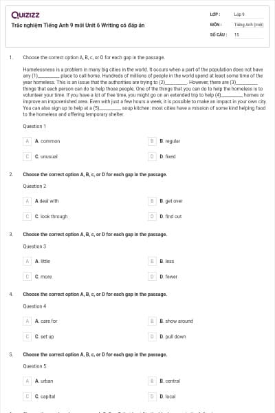 Trắc nghiệm Tiếng Anh 9 mới Unit 6 Writing có đáp án