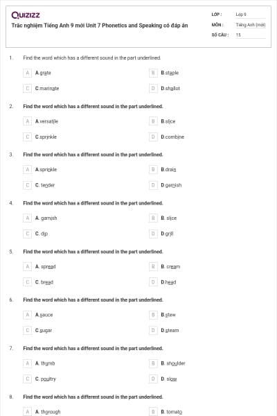 Trắc nghiệm Tiếng Anh 9 mới Unit 7 Phonetics and Speaking có đáp án