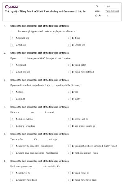 Trắc nghiệm Tiếng Anh 9 mới Unit 7 Vocabulary and Grammar có đáp án