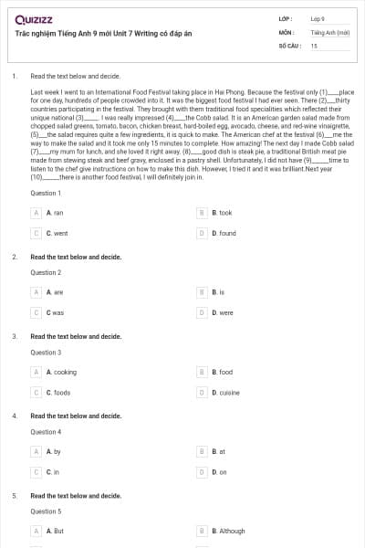 Trắc nghiệm Tiếng Anh 9 mới Unit 7 Writing có đáp án