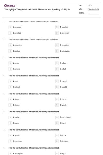 Trắc nghiệm Tiếng Anh 9 mới Unit 8 Phonetics and Speaking có đáp án