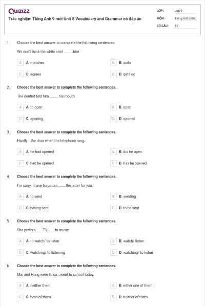 Trắc nghiệm Tiếng Anh 9 mới Unit 8 Vocabulary and Grammar có đáp án