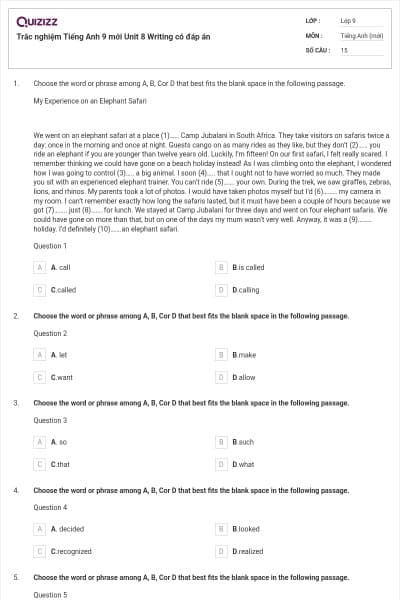 Trắc nghiệm Tiếng Anh 9 mới Unit 8 Writing có đáp án