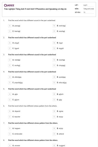 Trắc nghiệm Tiếng Anh 9 mới Unit 9 Phonetics and Speaking có đáp án