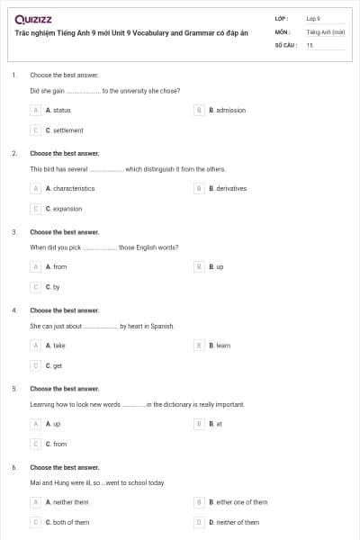 Trắc nghiệm Tiếng Anh 9 mới Unit 9 Vocabulary and Grammar có đáp án