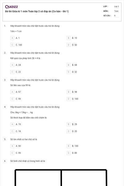 Đề thi Giữa kì 1 môn Toán lớp 2 có đáp án (Cơ bản - Đề 1)