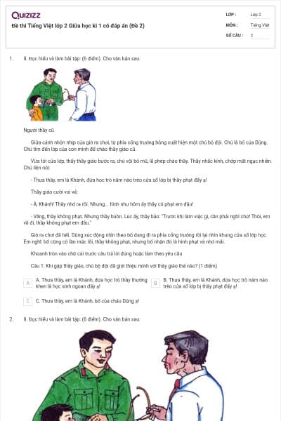 Đề thi Tiếng Việt lớp 2 Giữa học kì 1 có đáp án (Đề 2)