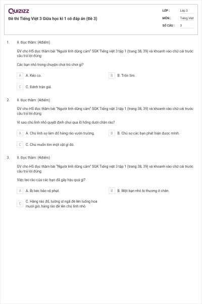 Đề thi Tiếng Việt 3 Giữa học kì 1 có đáp án (Đề 3)