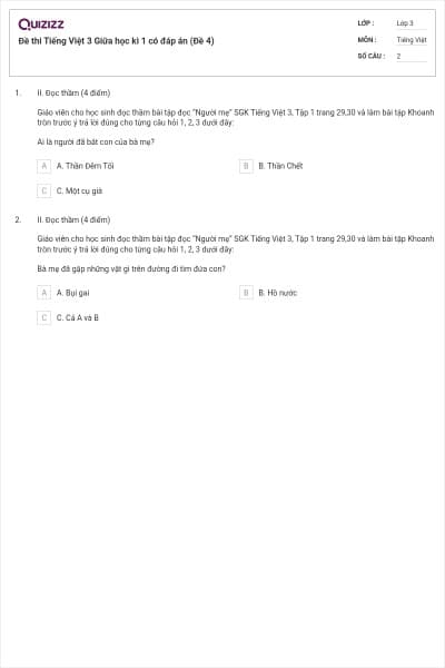 Đề thi Tiếng Việt 3 Giữa học kì 1 có đáp án (Đề 4)