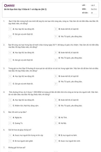 Đề thi Đạo Đức lớp 3 Giữa kì 1 có đáp án (Đề 2)