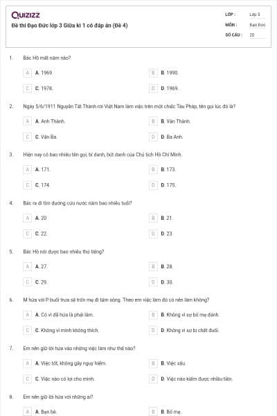 Đề thi Đạo Đức lớp 3 Giữa kì 1 có đáp án (Đề 4)