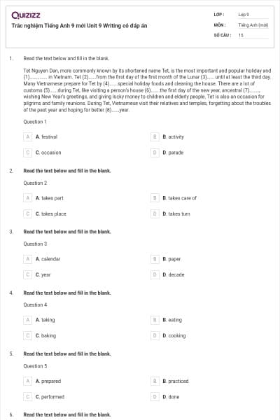 Trắc nghiệm Tiếng Anh 9 mới Unit 9 Writing có đáp án