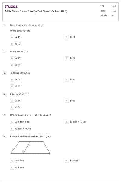 Đề thi Giữa kì 1 môn Toán lớp 2 có đáp án (Cơ bản - Đề 5)