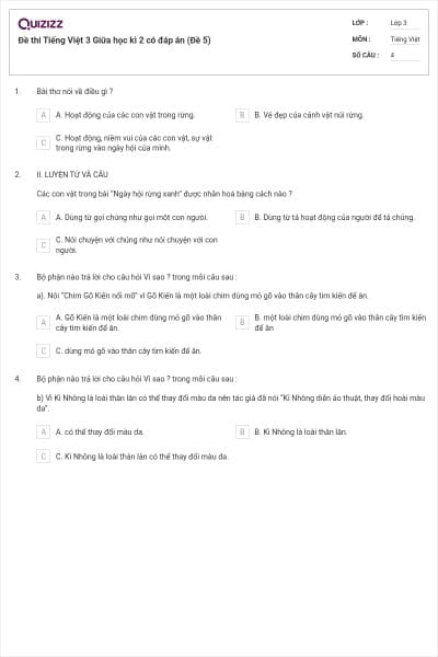 Đề thi Tiếng Việt 3 Giữa học kì 2 có đáp án (Đề 5)