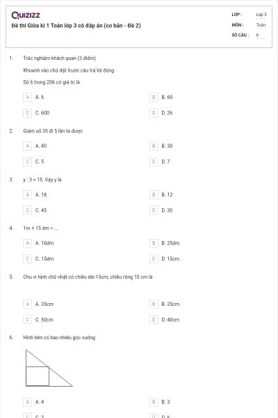 Đề thi Giữa kì 1 Toán lớp 3 có đáp án (cơ bản - Đề 2)