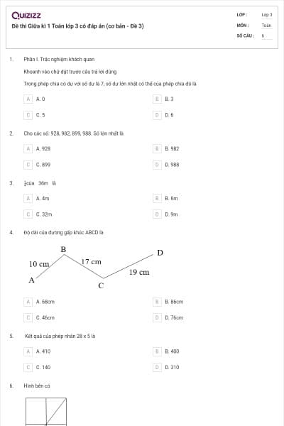 Đề thi Giữa kì 1 Toán lớp 3 có đáp án (cơ bản - Đề 3)