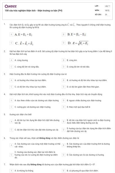 100 câu trắc nghiệm Điện tích - Điện trường cơ bản (P4)