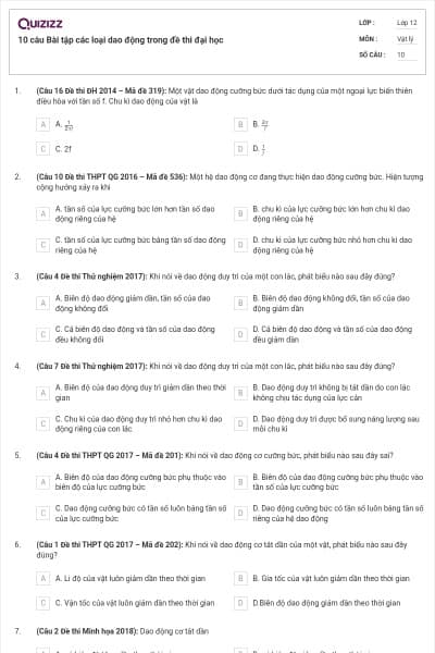 10 câu Bài tập các loại dao động trong đề thi đại học