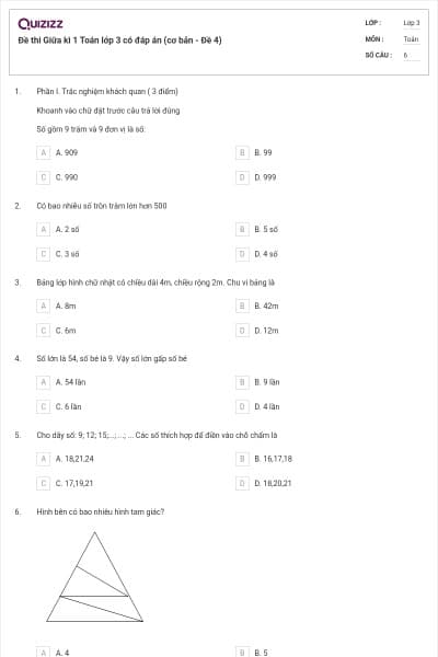 Đề thi Giữa kì 1 Toán lớp 3 có đáp án (cơ bản - Đề 4)