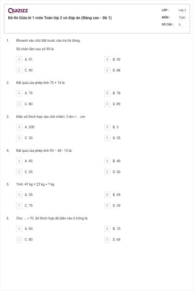 Đề thi Giữa kì 1 môn Toán lớp 2 có đáp án (Nâng cao - Đề 1)