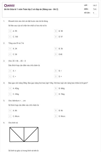Đề thi Giữa kì 1 môn Toán lớp 2 có đáp án (Nâng cao - Đề 2)