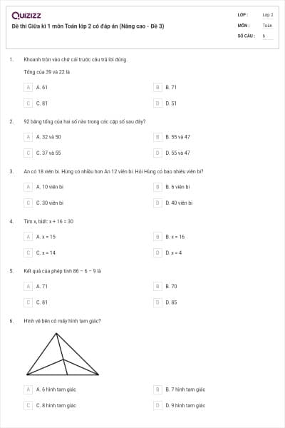 Đề thi Giữa kì 1 môn Toán lớp 2 có đáp án (Nâng cao - Đề 3)