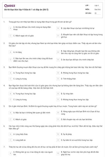 Đề thi Đạo Đức lớp 4 Giữa kì 1 có đáp án (Đề 5)