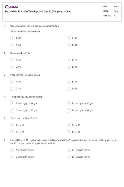 Đề thi Giữa kì 1 môn Toán lớp 2 có đáp án (Nâng cao - Đề 4)