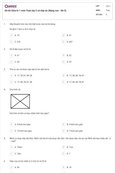 Đề thi Giữa kì 1 môn Toán lớp 2 có đáp án (Nâng cao - Đề 5)