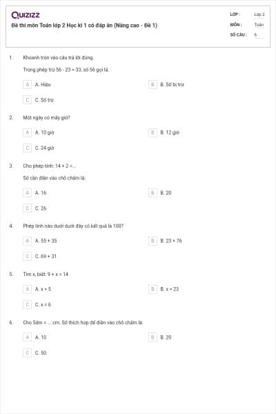 Đề thi môn Toán lớp 2 Học kì 1 có đáp án (Nâng cao - Đề 1)