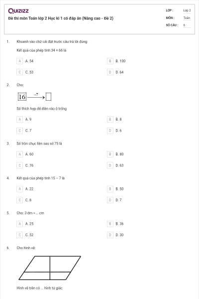 Đề thi môn Toán lớp 2 Học kì 1 có đáp án (Nâng cao - Đề 2)