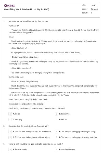 Đề thi Tiếng Việt 4 Giữa học kì 1 có đáp án (Đề 3)