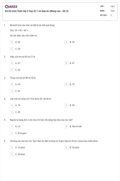 Đề thi môn Toán lớp 2 Học kì 1 có đáp án (Nâng cao - Đề 3)