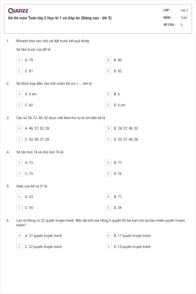 Đề thi môn Toán lớp 2 Học kì 1 có đáp án (Nâng cao - Đề 5)