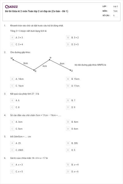 Đề thi Giữa kì 2 môn Toán lớp 2 có đáp án (Cơ bản - Đề 1)