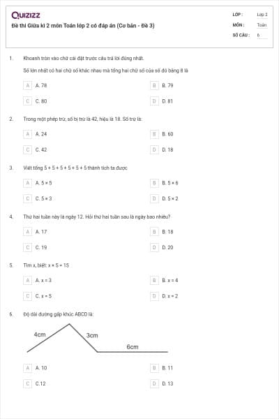 Đề thi Giữa kì 2 môn Toán lớp 2 có đáp án (Cơ bản - Đề 3)