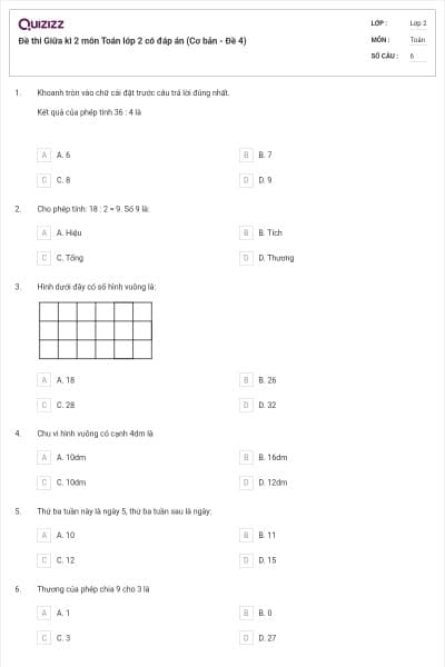 Đề thi Giữa kì 2 môn Toán lớp 2 có đáp án (Cơ bản - Đề 4)