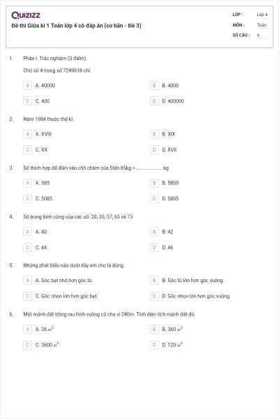 Đề thi Giữa kì 1 Toán lớp 4 có đáp án (cơ bản - Đề 3)