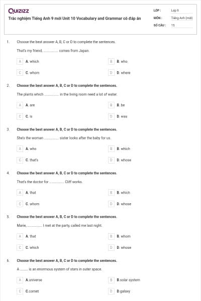 Trắc nghiệm Tiếng Anh 9 mới Unit 10 Vocabulary and Grammar có đáp án