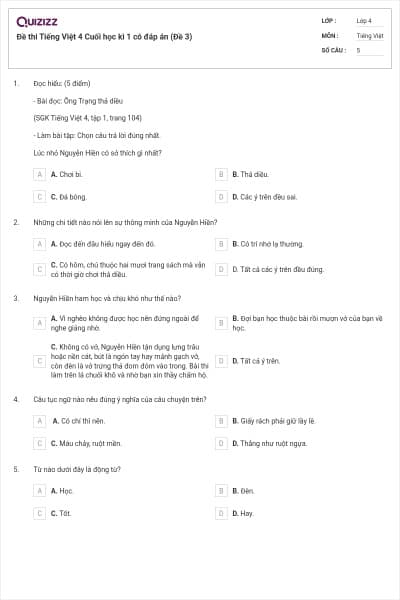 Đề thi Tiếng Việt 4 Cuối học kì 1 có đáp án (Đề 3)