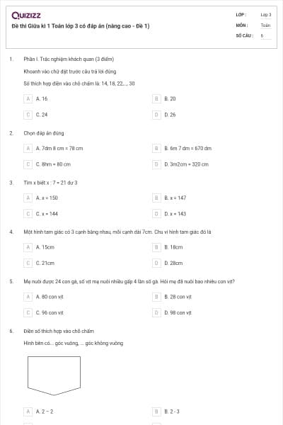 Đề thi Giữa kì 1 Toán lớp 3 có đáp án (nâng cao - Đề 1)