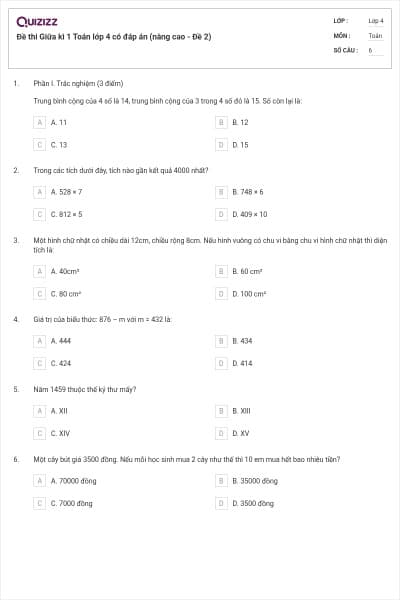 Đề thi Giữa kì 1 Toán lớp 4 có đáp án (nâng cao - Đề 2)