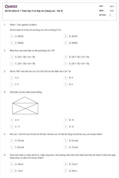 Đề thi Giữa kì 1 Toán lớp 4 có đáp án (nâng cao - Đề 4)